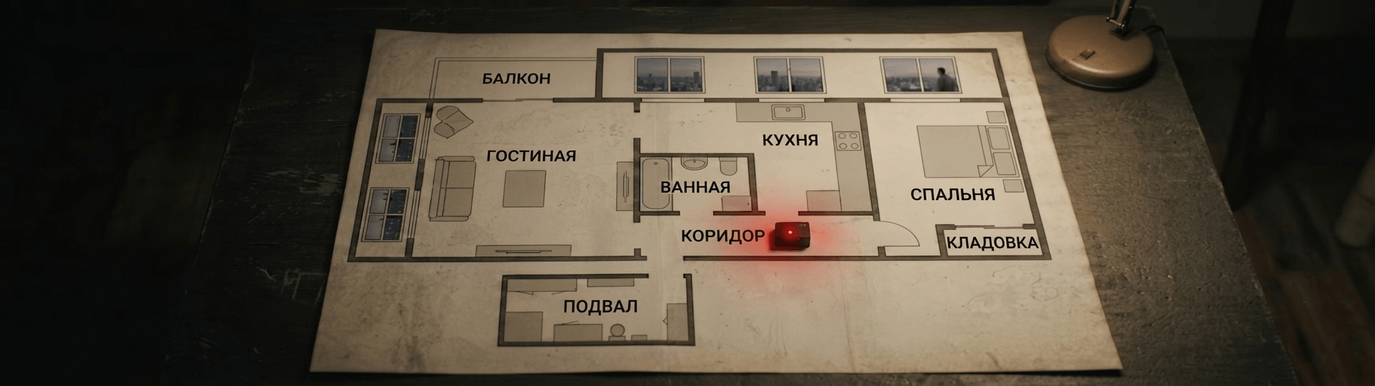 план квартиры</span>Схематичный план типовой квартиры (вид сверху): балкон, гостиная и кухня с окнами по внешним стенам, ванная и 